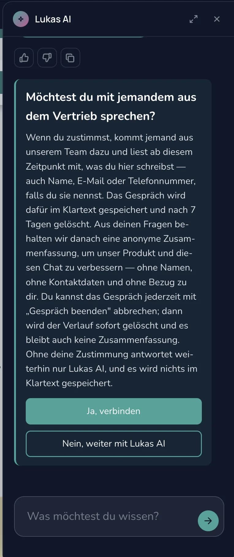 Einwilligungsdialog des KI-Assistenten vor der Übergabe an einen Menschen.