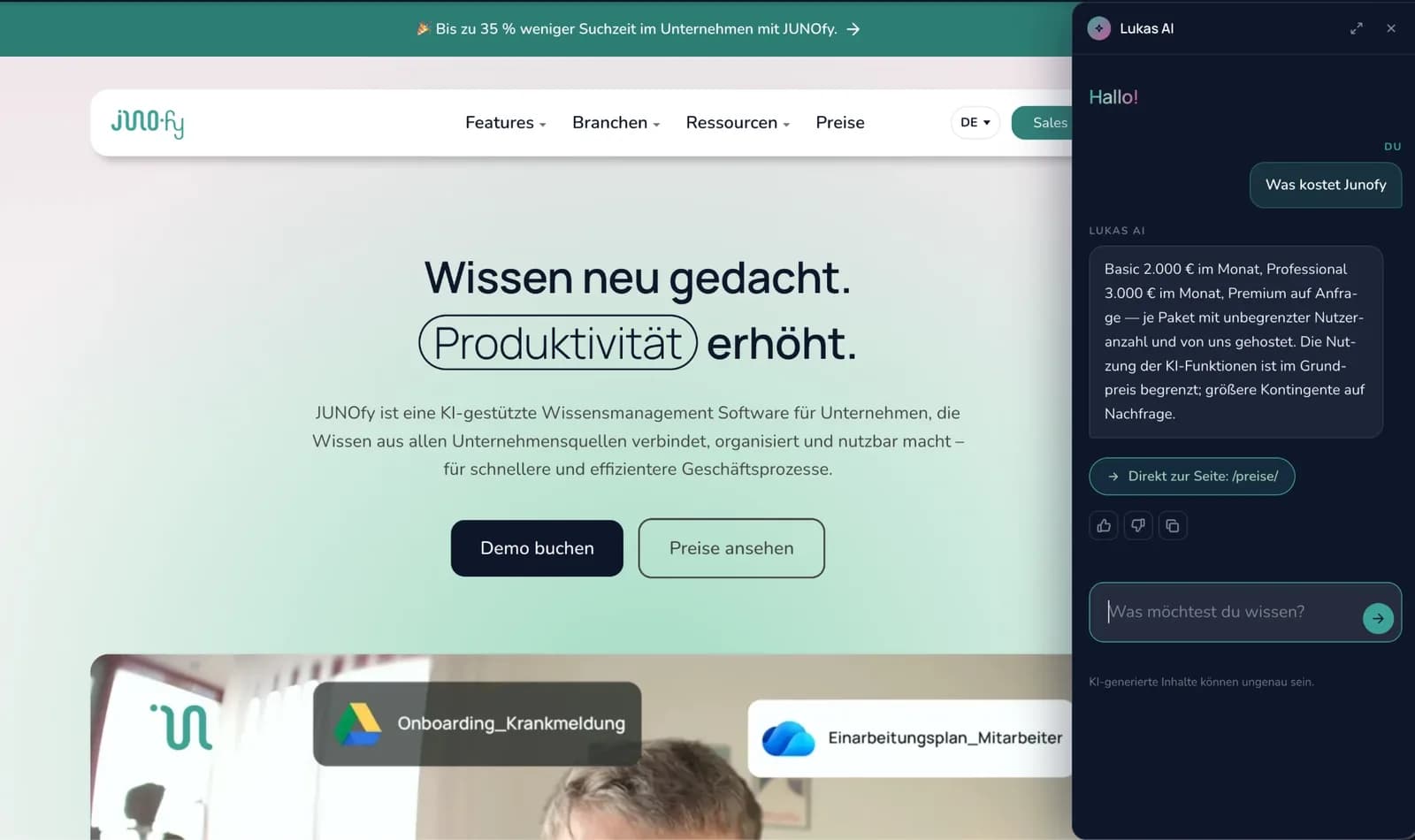 Startseite von junofy.com mit geöffnetem KI-Assistenten Lukas AI, der eine Frage zur Preisgestaltung beantwortet.