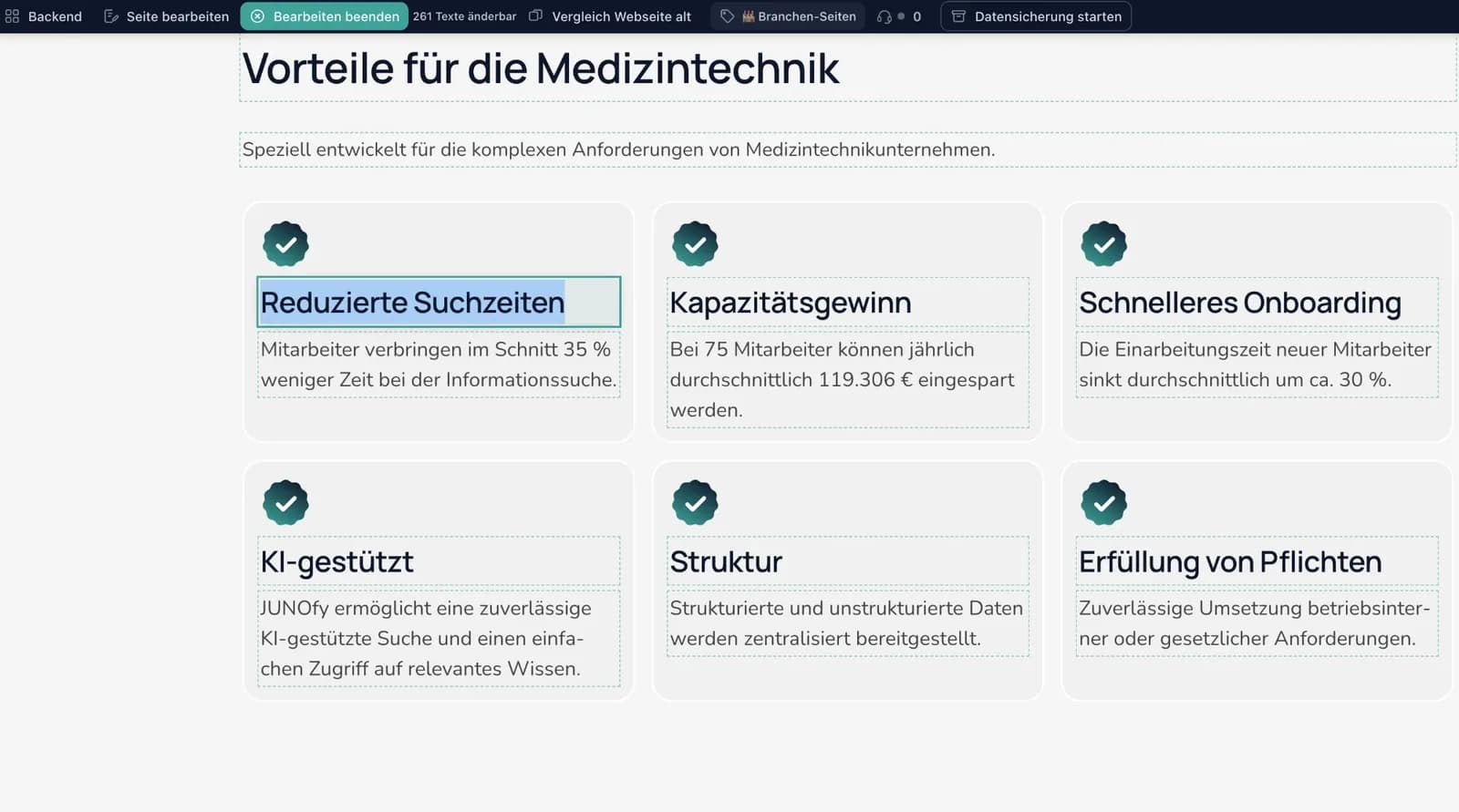 Inline-Bearbeitung direkt im Frontend mit Bearbeiten-Leiste und einem markierten Textfeld.